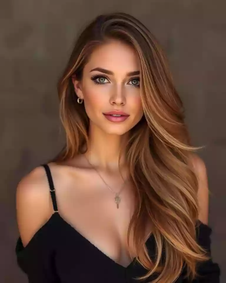 Portrait of a woman with long wavy light brown hair, blue eyes, wearing a black off-shoulder top and a pendant necklace.