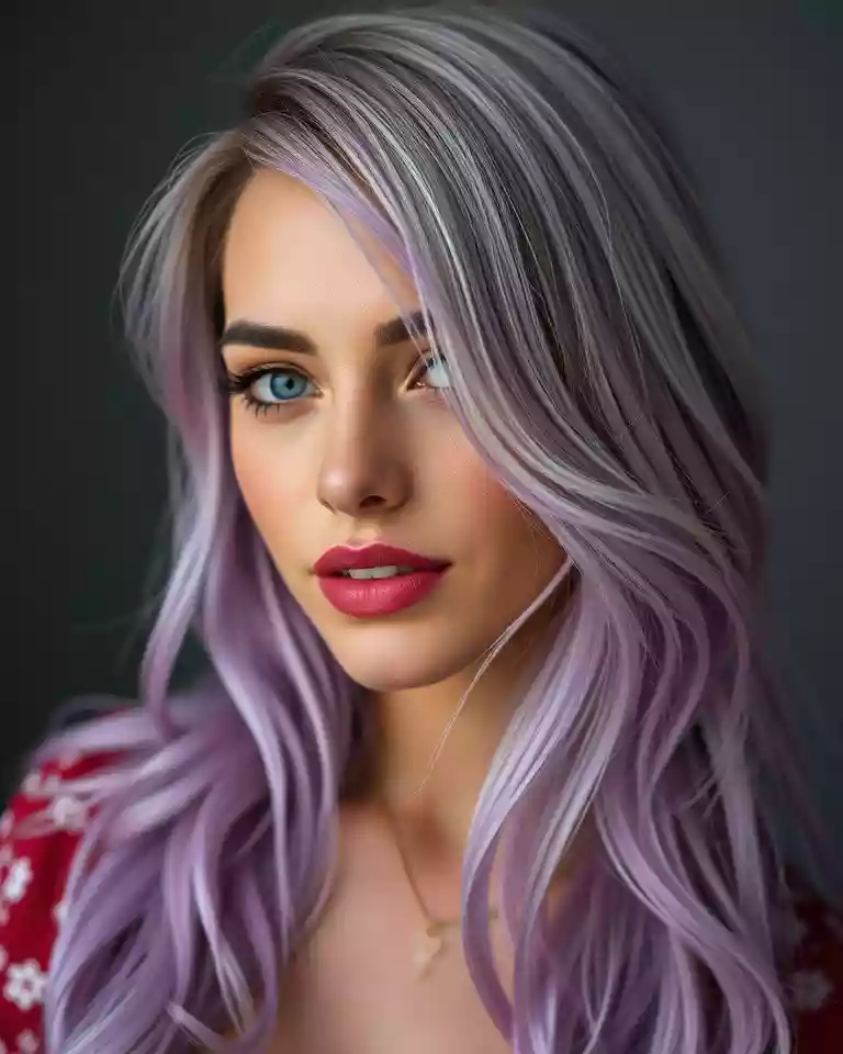 Young woman with long wavy lavender hair and blue eyes, wearing pink lipstick, looking at the camera.