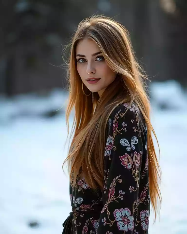Portrait of a young woman with long light-brown hair wearing a black floral dress, standing in a snowy outdoor scene.